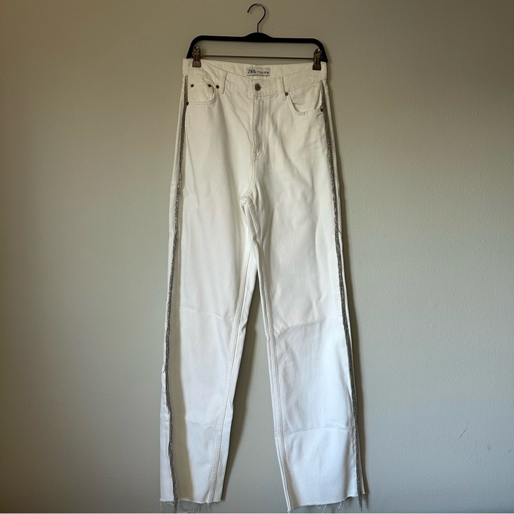 Zara White Fringe Wide Leg Jean